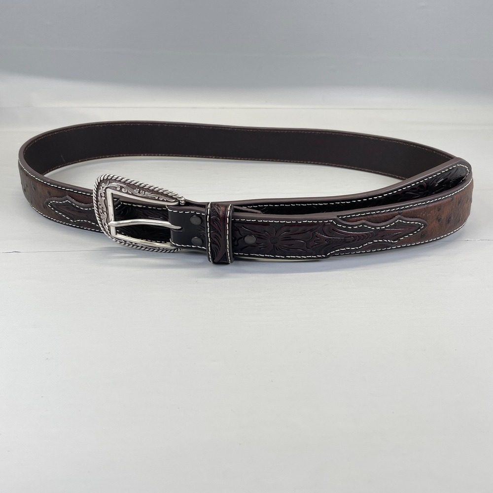 Ariat Mens Size 40 Limited Edition Ostrich Tooled Brown Leather Belt Western